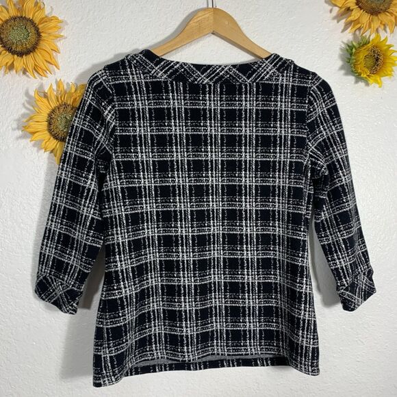 Talbots Ponte Knit Top Black White Plaid 3/4 Sleeve Womens Size Small Petite - Picture 3 of 8